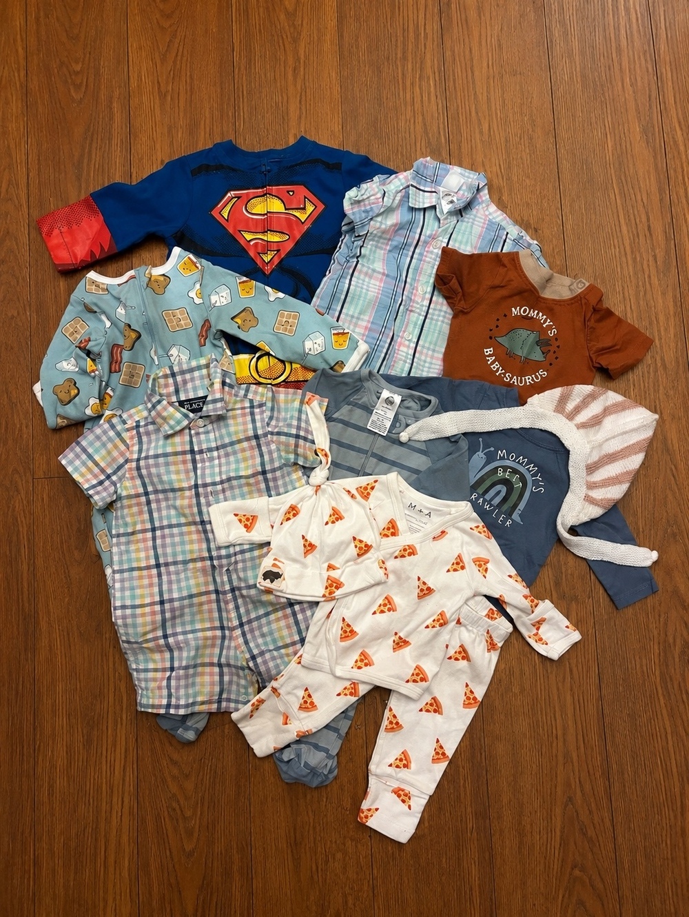 Baby Boy 0-3M Clothes Bundle 13 Pc Superman Dinosaur Pizza Plaid Spring Summer